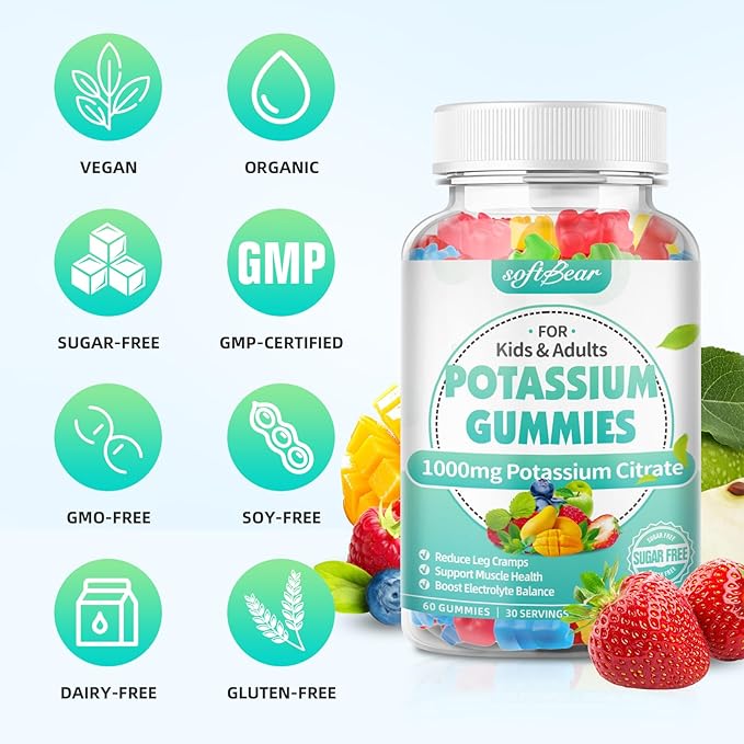 softbear Potassium Citrate Gummies, High Potency Potassium Citrate 1000mg Supports Leg Cramps & Muscle Health Potassium Gummies for Adults & Kids Mixed Fruit Flavor 120 Count
