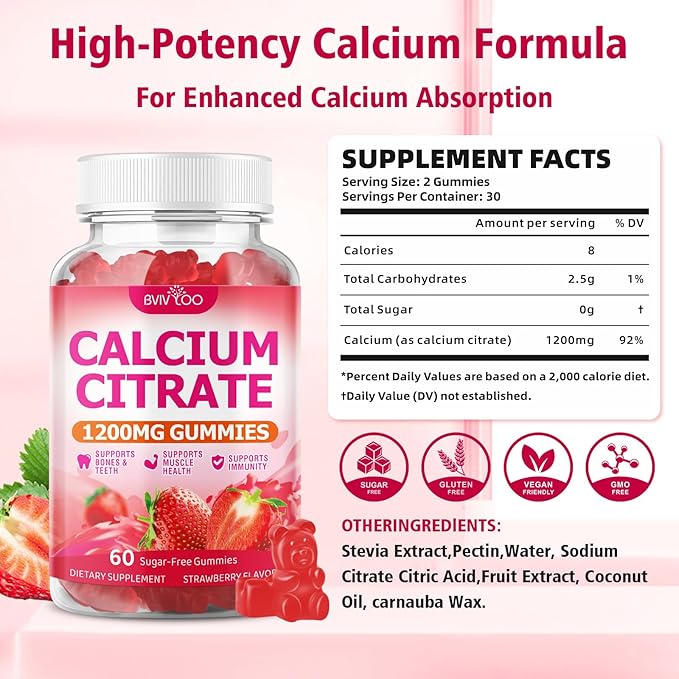 2 Packs High Absorption Calcium Citrate Gummies 1200mg - Bone & Teeth Support for Adults & Kids, Vegan Sugar-Free Gummies, Raspberry Flavor, 120 Count