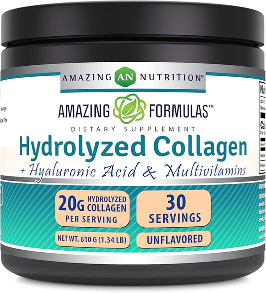 Amazing Formulas Hydrolyzed Collagen with Hyaluronic Acid & Multivitamins Supplement | 30 Servings Powder | 605 Grams | Unflavored