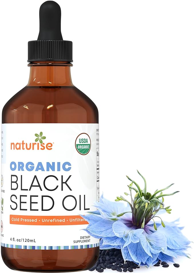 Organic Black Seed Oil - Organic Cold Pressed Black Cumin Seed Oil - Vegan Non-GMO Gluten Free Black Seed Oil Liquid (Nigella Sativa) Blackseed Oil for Hair & Skin, General Wellness (4 Fl Oz.)