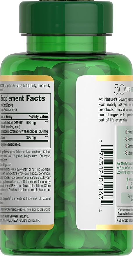 Nature's Bounty Stress Relief, Ashwagandha KSM-66, Supports Occasional Stress Relief, Dietary Supplement, Tablets, 90 Ct