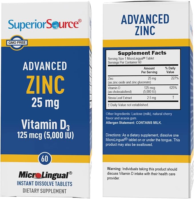 Superior Source Advanced Zinc 25 mg - Includes Vitamin D3 5,000 IU - Premium Immune Support Supplement for Men & Women - Non-GMO & Gluten-Free - 60 MicroLingual Dissolvable Tablets