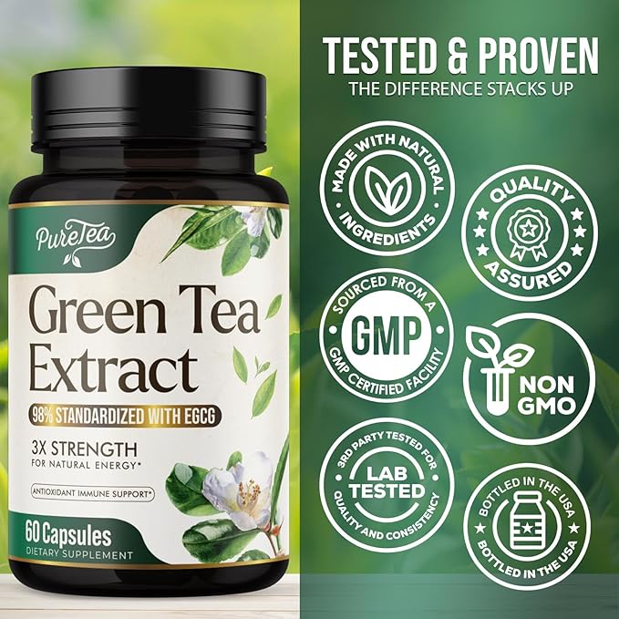 Green Tea Extract Pills 1000mg with EGCG for Heart Support with Antioxidants - 98% Standardized Polyphenols - 3X Absorption Green Tea Capsules for Natural Energy, Gentle Caffeine - 60 Capsules