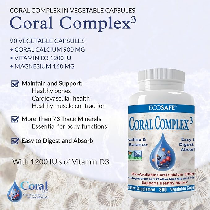 Coral Complex 3 - Coral Calcium 900 mg with Vitamin D3 1200 IU and Magnesium168 mg - 300 Vegetarian Capsules