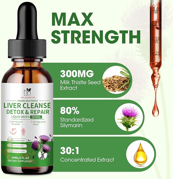 Milk Thistle Liquid Drops, Liver Cleanse Detox & Repair with 80% Silymarin, Artichoke Leaf, Dandelion Root, Glutathione, Promotes Liver Health, Antioxidant Support, 4 Fl Oz