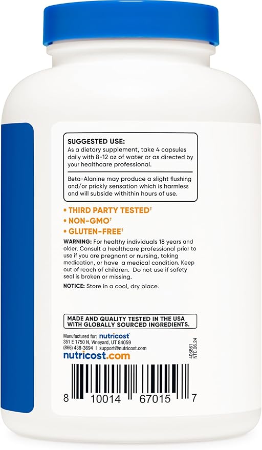 Nutricost Beta-Alanine Capsules 3400mg, 240 Capsules (60 Serv) - Potent Beta Alanine, Gluten Free & Non-GMO, 850mg Per Cap