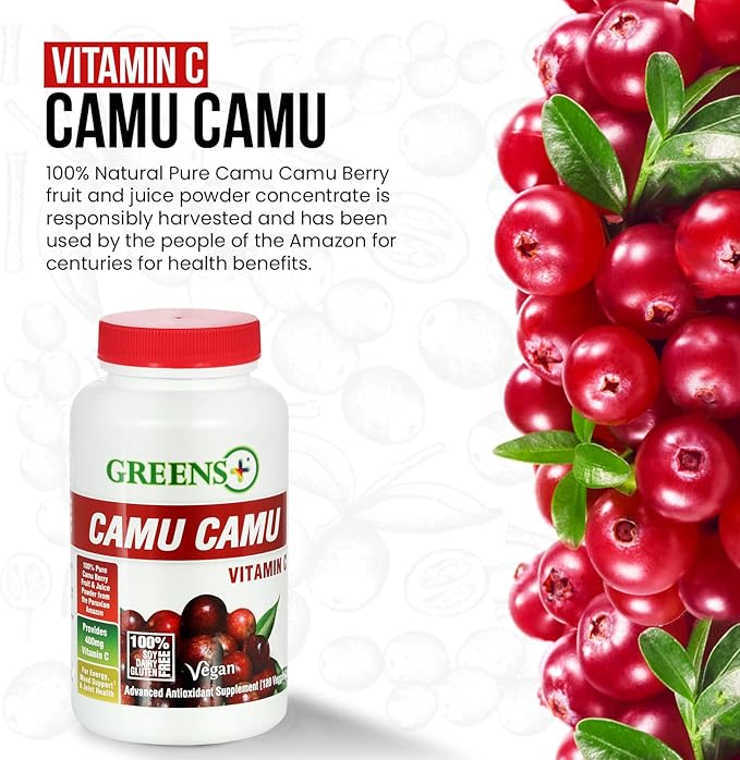 Greens+ Organic Reds Superfood Powder Camu Camu Dietary 400mg Vitamin C SuperFruit Supplement 120 Capsules, 100% Natural, Vitamins & Minerals, Vegan, Soy/Dairy/Gluten Free