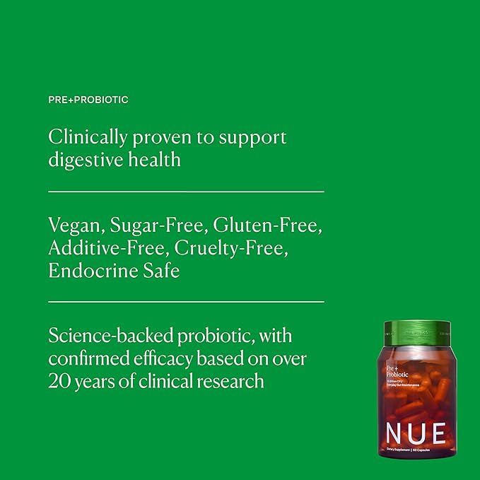 The Nue Co. PREBIOTIC + PROBIOTIC Supplement, Supports Gut Health, Synbiotic and Spore Based, IBS Relief, Immunity, and Skin, Vegan, Gluten Free, 60 Capsules
