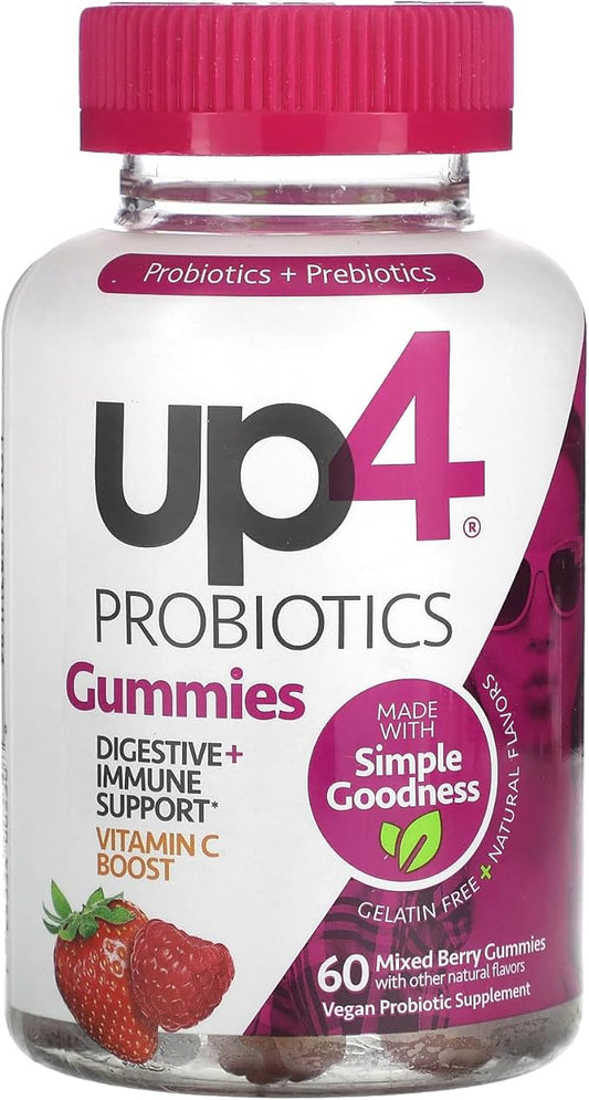 up4 Probiotic Gummies for Men and Women, Digestive and Immune Support with Prebiotics and Vitamin C, Gluten Free, Gelatin Free, Vegan, Non-GMO, 60 Count
