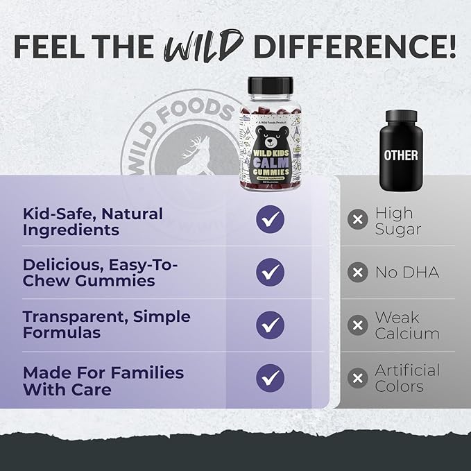 Wild Foods Kids Calm Gummies - Ashwagandha Gummies for Kids w/GABA, L-Theanine, Lemon Balm & Charmomile - Support Natural Relaxation, Stress Relief & Sleep, for Children 4+, Berry Flavor, 60 Count