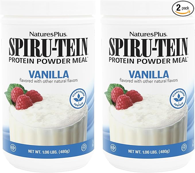 Natures Plus SPIRU-TEIN, Vanilla - 1.06 lbs, Pack of 2 - Plant-Based Protein Powder - Vegetarian, Gluten Free - 32 Total Servings