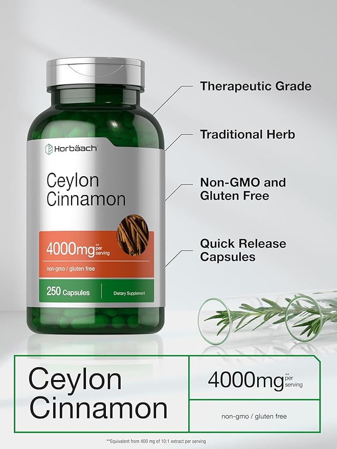 Horbaach Ceylon Cinnamon Capsules 4000mg | 250 Count | Non-GMO, Gluten Free