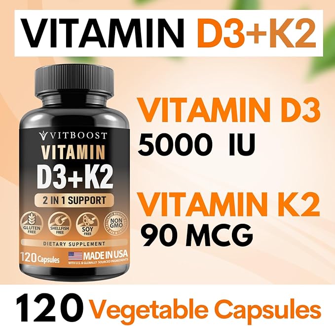 Vitamin D3 K2 Complex - Easy to Swallow - Vitamin D (D3) 5000 IU (125 mcg) & K2(MK-7) 90 mcg | Non-GMO | Gluten-Free | USA Made | 120 Capsules
