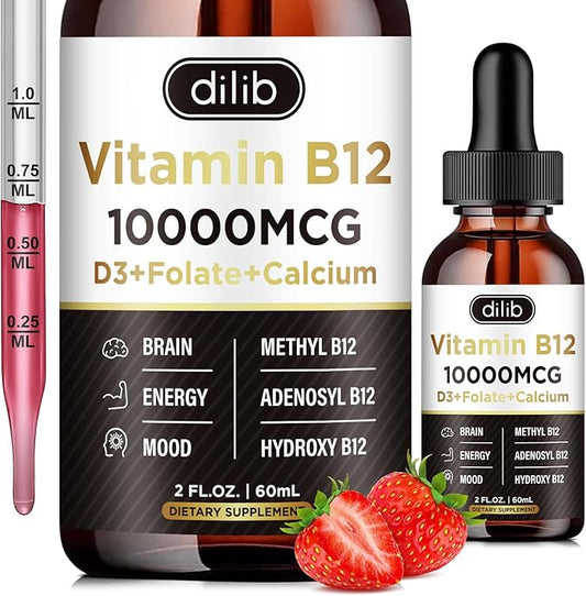 Vitamin B12 Liquid Drops Sublingual 10000 mcg, Triple B-12 Complex Supplement, Methyl & Methylcobalamin Blend for Women & Men, Mood & Energy Booster, Methylated B 12 for Metabolism & Health Support