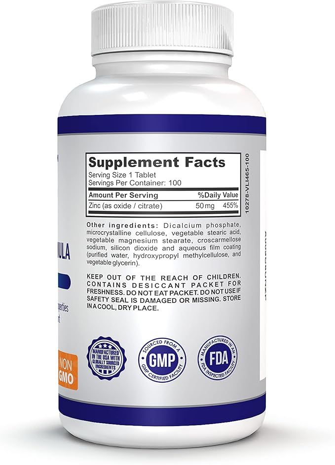 Zinc 50mg High Potency Formula, for Immune Health Support, up to 100 Days of Supply (100 Non-GMO, Vegan Tablets)