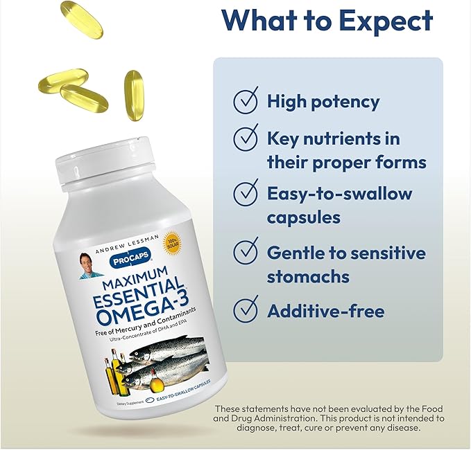 ANDREW LESSMAN Maximum Essential Omega-3 Unflavored, 180 Softgels - Ultra-Pure Omega-3 Fish Oil 1200 mg-High DHA, No Mercury Fish Oil Omega 3 Supplement-Small, Easy to Swallow Fish Oil Capsules