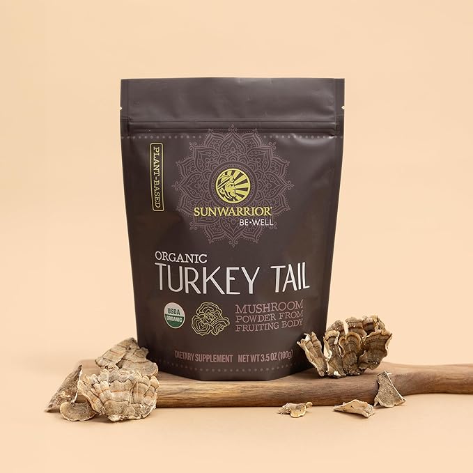 Sunwarrior Organic Turkey Tail Mushroom Powder | Turkey Mushroom Immune Support | Microbiome Gut Health Support | 50 Servings 100g Pouch | Be Well