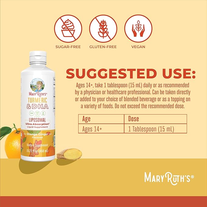 MaryRuth Organics | Liposomal Turmeric & DHA | Curcumin | Ginger Root Oil | Algal DHA & Vitamin E | Cognitive Function | Mood Support | Joint Health | Liquid Supplement | 15.22 oz