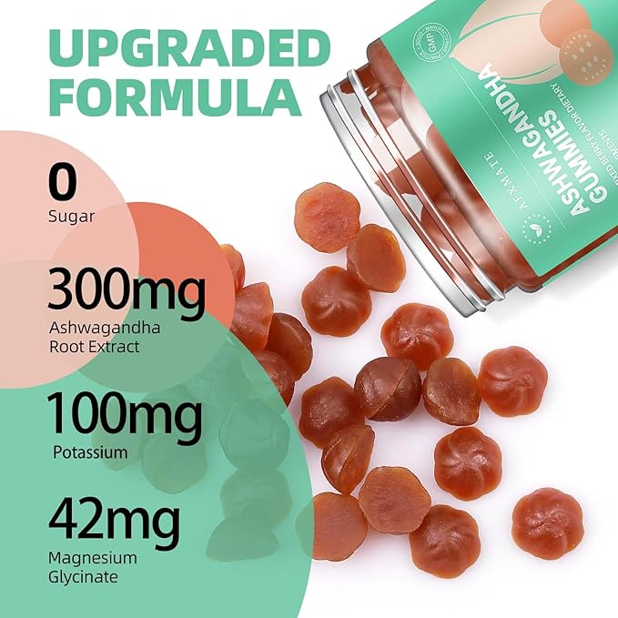 AFXMATE Ashwagandha Gummies for Women, Potassium Magnesium Glycinate Supplement for Adults, Sugar Free Vegan Ashwagandha Gummy (90 Gummies)
