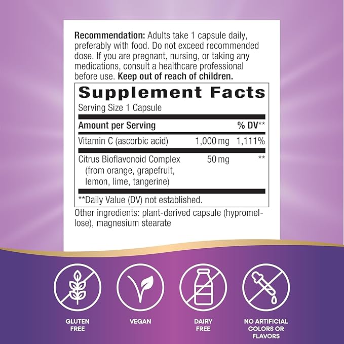 Nature's Way Extra Strength Vitamin C with Bioflavonoids, Supports Immune Health*, Promotes Collagen Production for Healthy Skin*, 1g Vitamin C per Capsule, 250 Capsules (Packaging May Vary) - 2 Pack