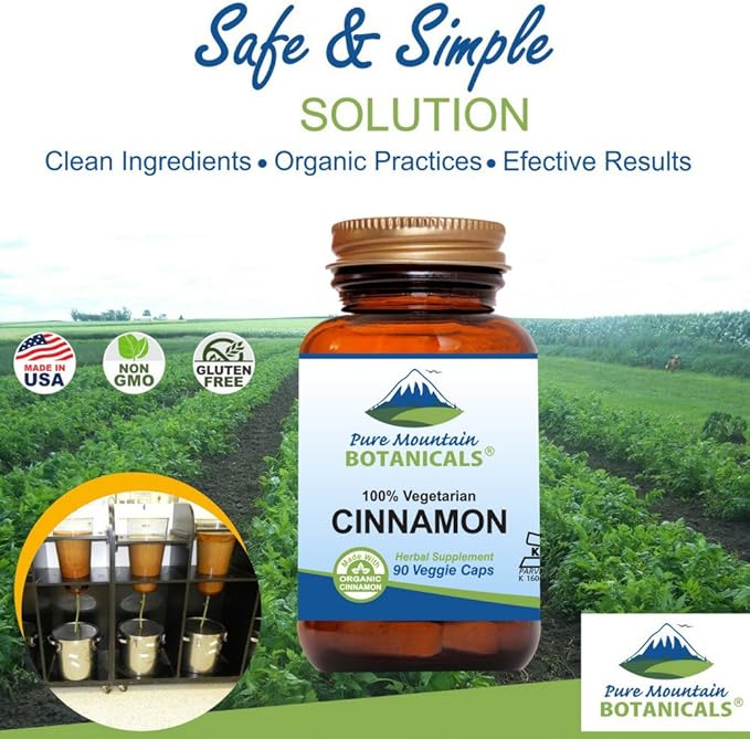 Pure Mountain Botanicals Cinnamon Capsules - Kosher Vegan Pills with 1000mg of Organic Cassia Cinammon Bark Supplement