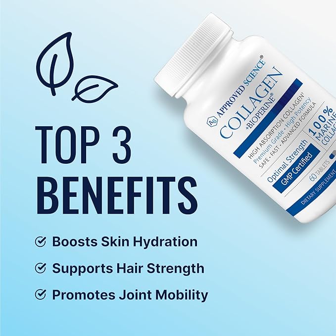 Approved Science Collagen Pills - Absorbable Marine Collagen Types I and III - 360 Tablets - Healthy Hair and Skin - Vitamin C, Sodium, and Bioperine for Fast Results - Non-GMO, Made in USA