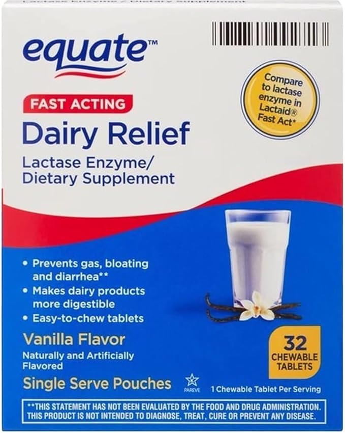 Equate Fast Acting Dairy Relief Lactase Enzyme Dietary Supplement Vanilla Flavor chewables Tablets 32 Count (Pack of 1) + CreativeAndBundle Sticker