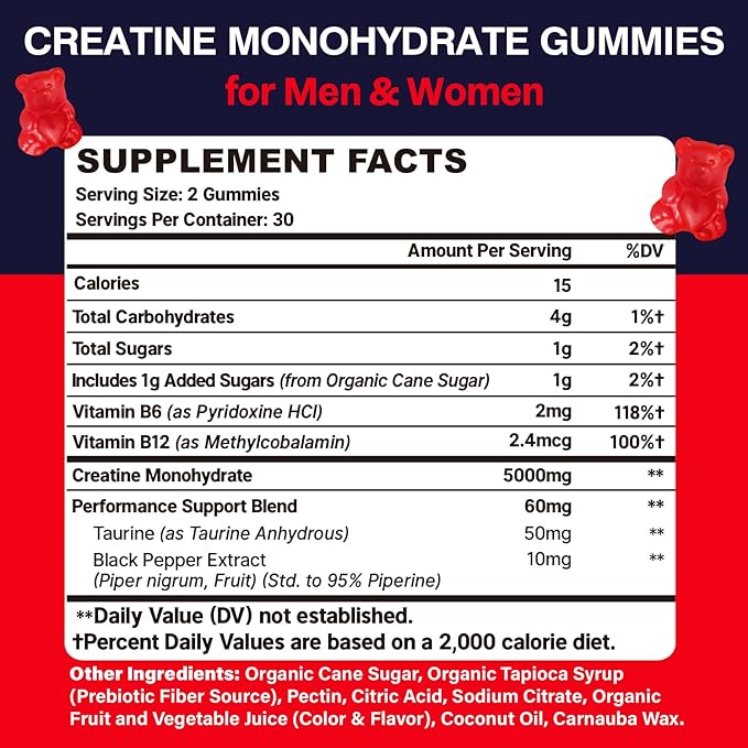 Creatine Monohydrate Gummies for Women & Men, Taurine & B6, Chewable Creatina Pre Workout Gummies for Max Strength & Muscle Growth, Energy, Endurance, Creatine for Men & Women - 2 Packs