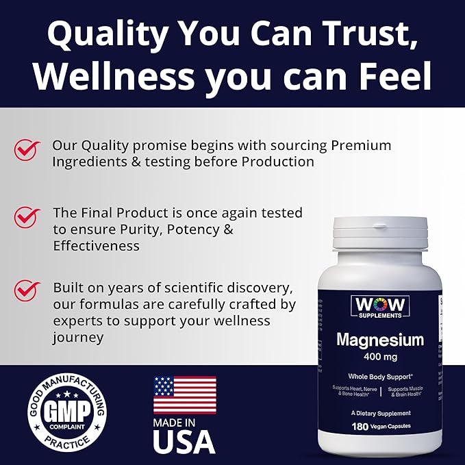 WOW Supplements Magnesium 400 mg Complex - Supplement for Men and Women - Citrate, Aspartate & Magnesium Oxide 400mg - 180 Capsules