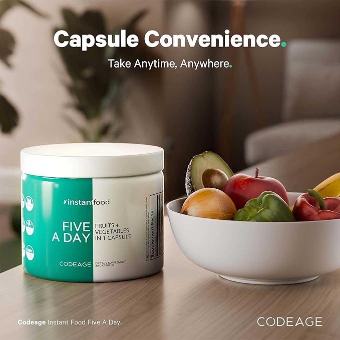Codeage 5 Servings of Fruits & Veggies Equivalent in 1 Single Capsule - Whole Food Instantfood with 15 Greens & Fruits in All-in-One Pill, Eat Vegetables - Vegan Vitamins Supplement - Non-GMO - 30 ct