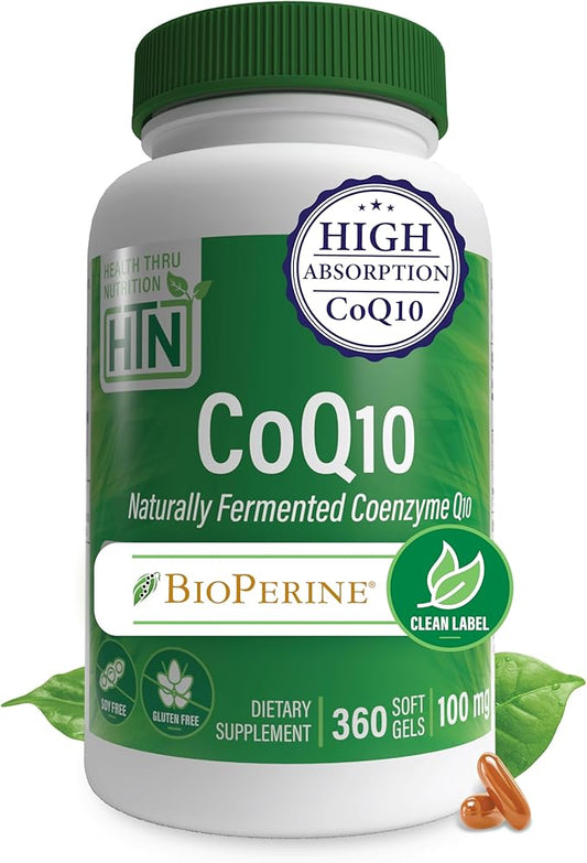 Health Thru Nutrition CoQ-10 100mg with BioPerine 360 Softgels | High Absorption Naturally Fermented USP Grade Coenzyme Q10 Supplement | 3rd Party Tested | Heart Health and Energy Support