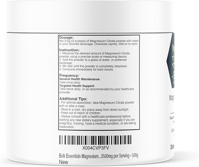 Pure Magnesium Citrate Powder – Unflavored 500g Supplement for Muscle, Heart & Digestive Support – USA Made, Free from GMO & Gluten – Magnesio 3.5g Per Serving