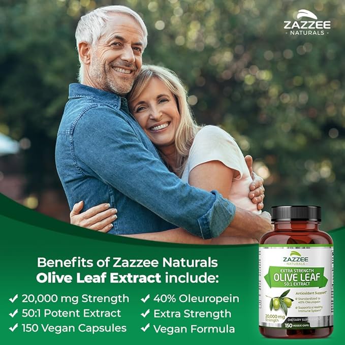 Zazzee Extra Strength Olive Leaf 50:1 Extract, 20,000 mg Strength, 40% Oleuropein, 150 Vegan Capsules, 5 Month Supply, Concentrated and Standardized 50X Extract, 100% Vegetarian, Non-GMO, All-Natural