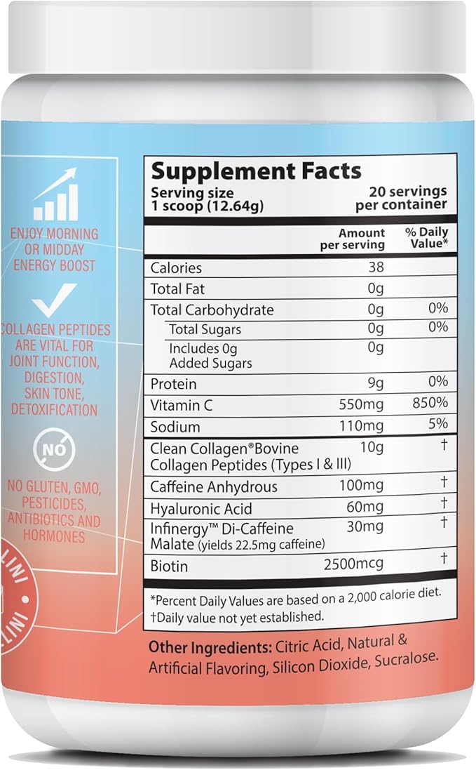 Peptide Energy Collagen Powder Hair, Nail, Skin, Type I & III,Caffeine for Energy, Vitamin C, Biotin, Hyaluronic Acid, Zero Sugar – 8.92 oz (Peach Bellini)