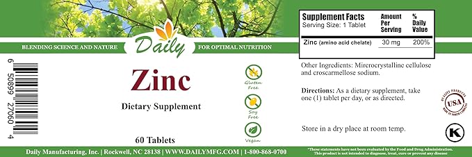 Daily Manufacturing Zinc (Amino Acid Chelate 30 mg) 60 Tablets