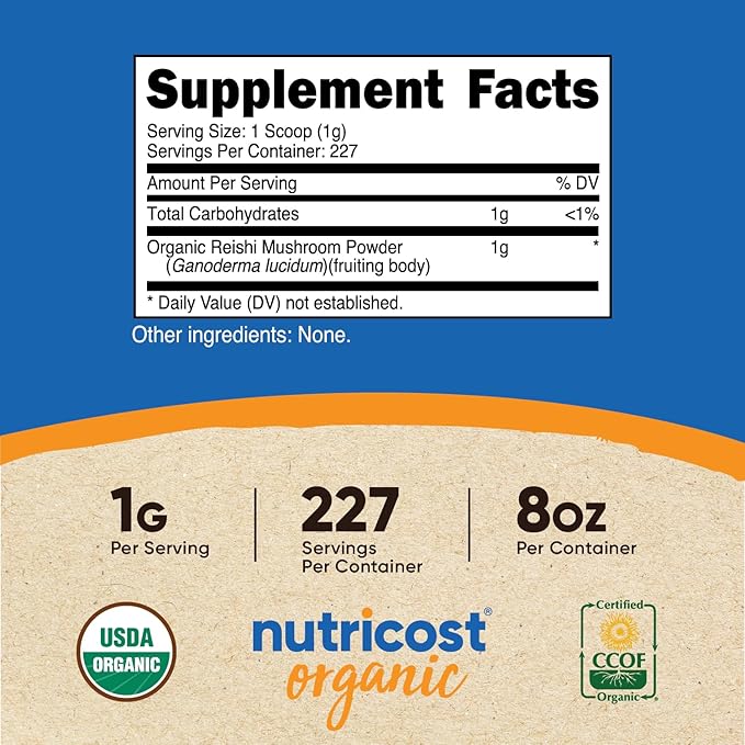Nutricost Organic Reishi Mushroom Powder 0.5LB (8oz) - USDA Certified 100% Organic, Vegetarian, Non-GMO, Gluten Free