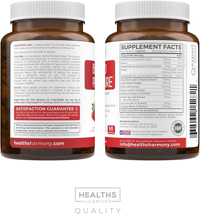 Blood Pressure Support Supplement (NON-GMO) Premium Natural Herbs, Vitamins & Berries - High Dosage of Hawthorn Berry Extract – Supports Blood Pressure Levels Already In The Normal Range – 90 Capsules