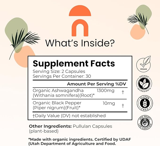 NutriRise Organic Ashwagandha Root Capsules with Black Pepper, 1300mg, Natural Stress & Mood, Thyroid & Immune Support Supplement, Clarity, Focus & Energy, Gluten Free, 60 Count