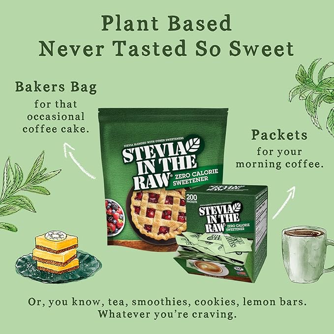 Stevia In The Raw, Plant Based Zero Calorie Sweetener, Sugar Substitute, Sugar-Free Sweetener for Coffee, Hot & Cold Drinks, Suitable For Diabetics, Vegan, Gluten-Free, 200 Count Packets (Pack of 2)