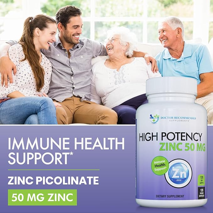 Zinc 50mg - Zinc Picolinate Immune Health Support Supplement 120 Veggie Capsules for Adults and Kids Vitamin, Well-Absorbed High Potency Pure Zinc Supplements - 50mg Per Serving