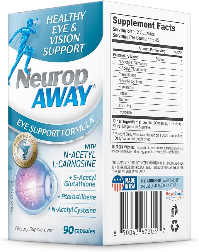 NeuropAWAY Eye Support Supplement 90CT with Lutein N-Acetyl L-Carnosine S-Acetyl Glutathione N-Acetyl Cystiene Pterostilbene Lycopene Zeaxanthin to Support Healthy Vision Helps Blurry and Dry Eyes