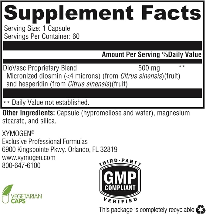 XYMOGEN DioVasc - Support for Healthy Veins, Capillaries, Blood Circulation - Micronized Diosmin for Enhanced Absorption - Blood Flow Supplement, Helps Promote Normal Lymphatic Drainage (60 Capsules)