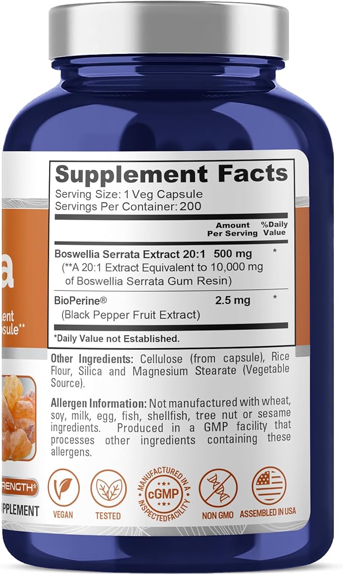 NusaPure Boswellia Serrata 10,000 mg Per Veggie Caps 200 Count (Ext. 20:1, Non-GMO, Vegan, Bioperine) Ayurvedic Herb: Indian Olibanum, Frankincense