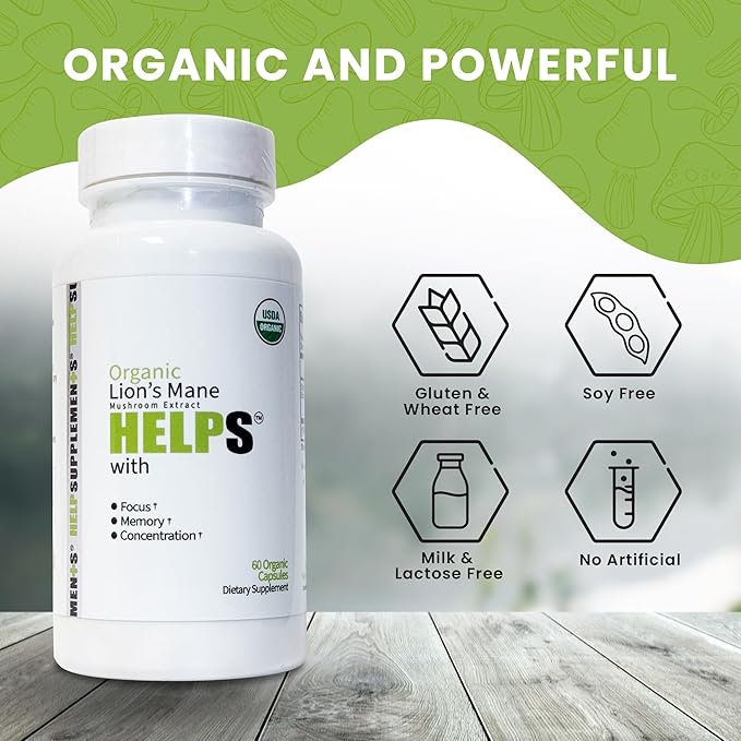 Organic Lion's Mane Mushroom Capsules | 1000mg Lions Mane Powder Extract Supplement | Dietary Herbal Supports for Focus, Memory, Digestion & Immune Health | Gluten, Soy, Milk-Free | 60 Capsules