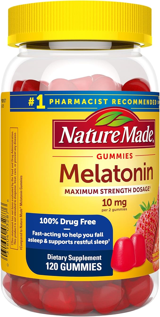 Nature Made Melatonin 10 mg per serving Gummies, Sleep Gummies for Adults Maximum Strength Dosage, 100% Drug Free Sleep Aid, 120 Count, 60 Day Supply