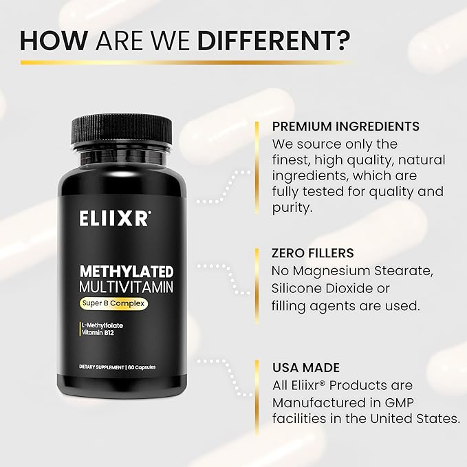 Eliixr Methylated Multivitamin Supplement for Men and Women with Active Methyl B12 and 5-MTHF Methylfolate 60 Vegetable Capsules Iron Free Made in The USA