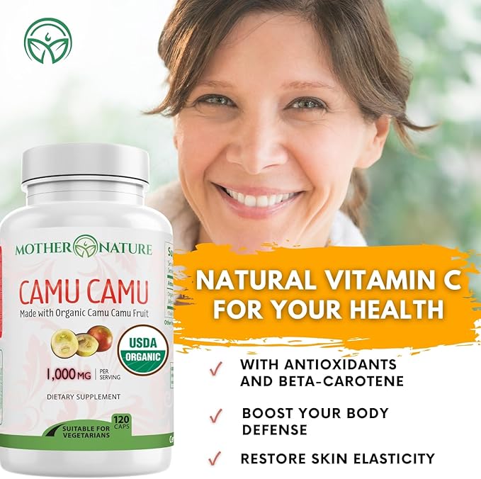 Organic Vitamin C from Camu Camu Capsules 1,000mg, Packed with Natural VIT C, Raw Antioxidants - Immune Support Supplement & Anti-Aging for Skin - Powder Organic, Vegan, Non-GMO (120 Count)