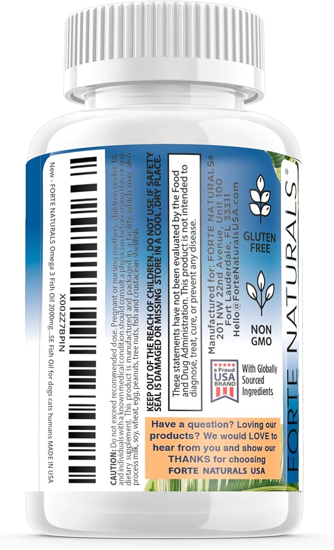 Omega 3 Fish Oil 2000mg HIGH Potency 800mg EPA DHA 600mg BURPLESS Supplement Non GMO Omega 3 Fatty Acid Supplements HIGH DOSE Fish Oil for Dogs Cats Humans Made in USA
