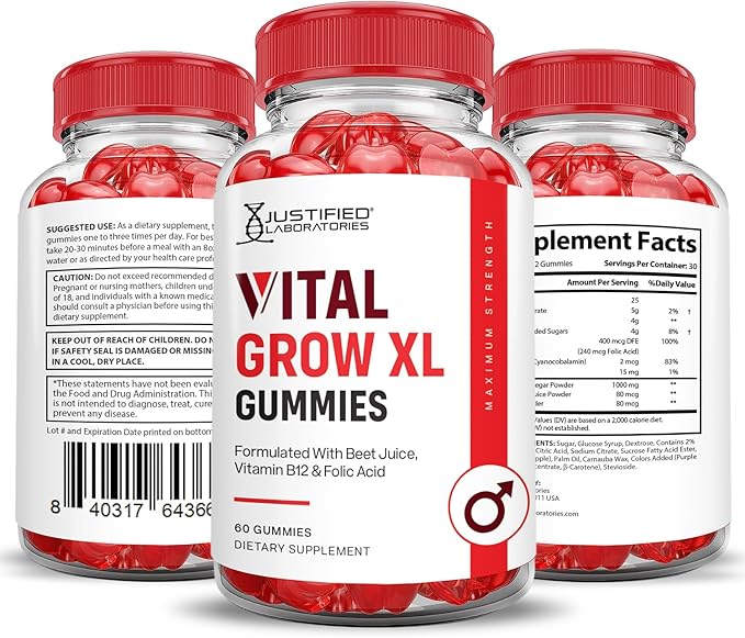(2 Pack) Vital Grow XL Performance Gummies 1000MG Advanced Formula Formulated with ACV Pomegranate Beet Juice Powder B12 Vegan Non GMO 120 Gummys
