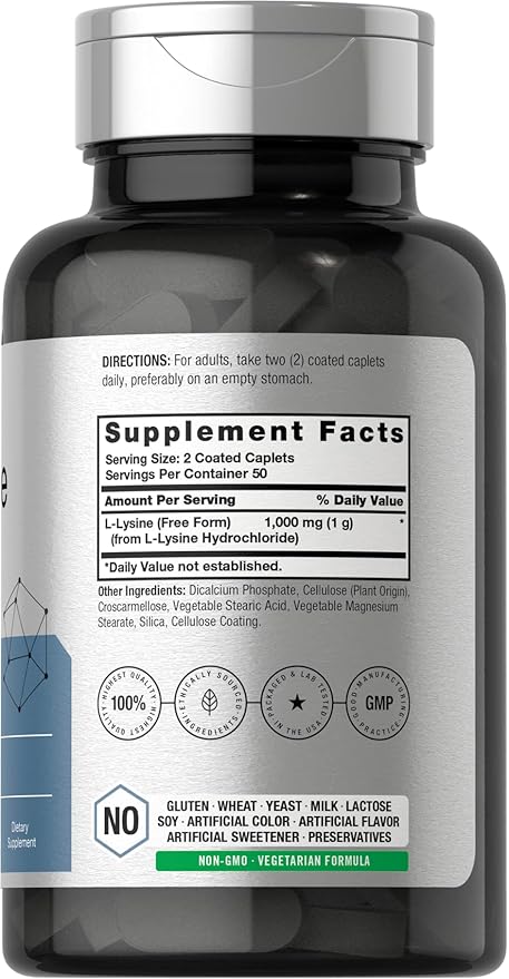 Horbäach L-Lysine 1000mg | 100 Coated Caplets | Free Form Dietary Supplement | Essential Amino Acid | Vegetarian, Non-GMO, and Gluten Free Formula